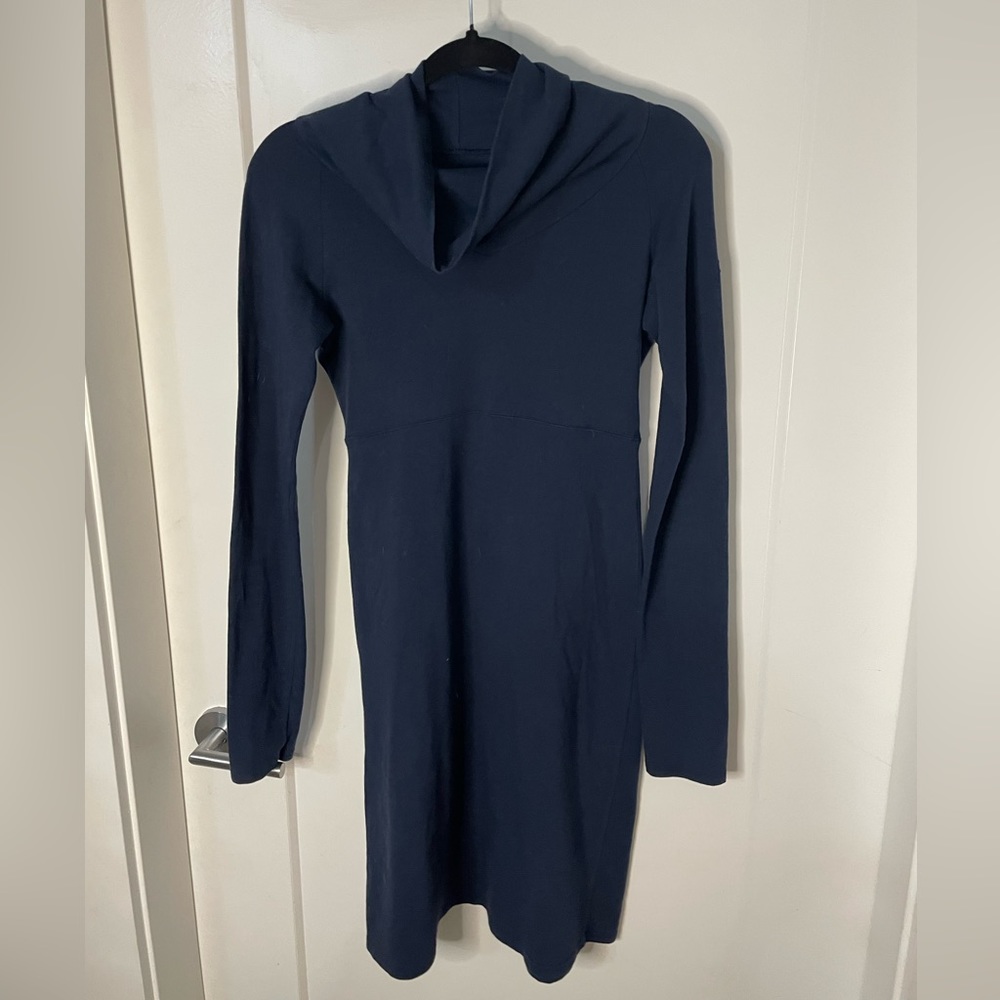Fig Clothing Fit and Flare Navy Blue Cowl Neck Long Sleeve knee length Dress